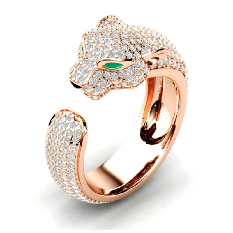 豹头满钻银镶钻玉戒指豹头开口戒指微镶男女情侣买网红潮流 满钻玫瑰