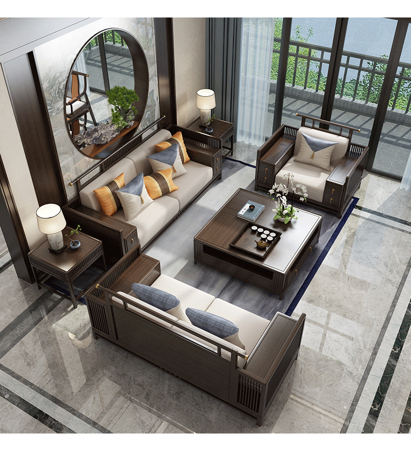 新中式实木沙发组合简约轻奢禅意中国风古典别墅样板饭家装家具单人位