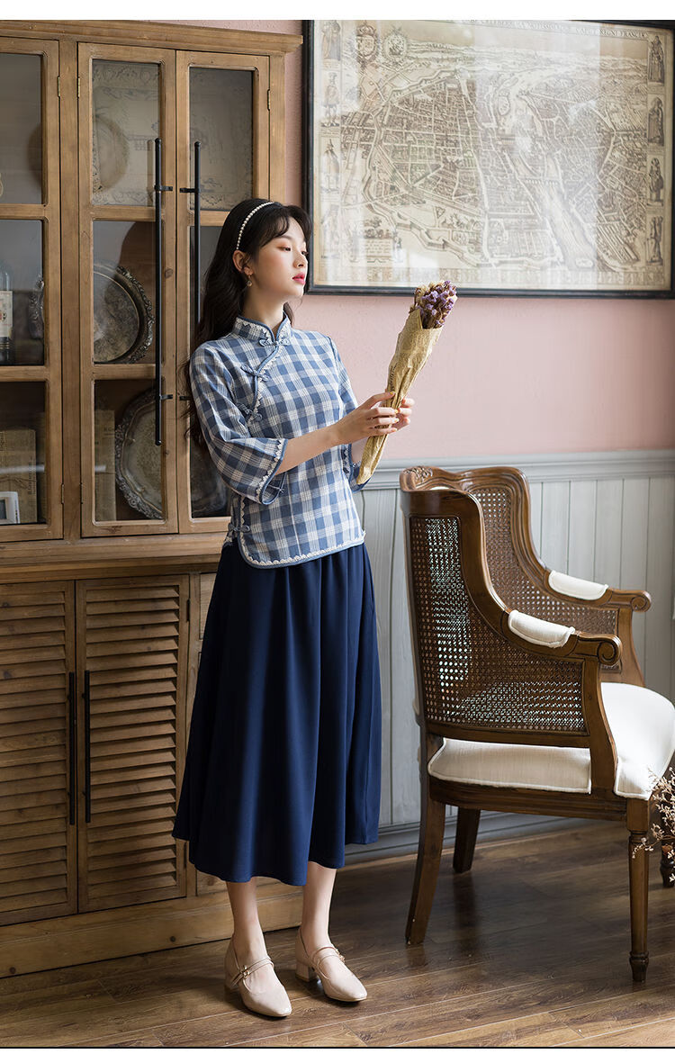 保悠春夏秋女格子上衣七分袖立领民国风学生套装中式唐装改良旗袍汉服