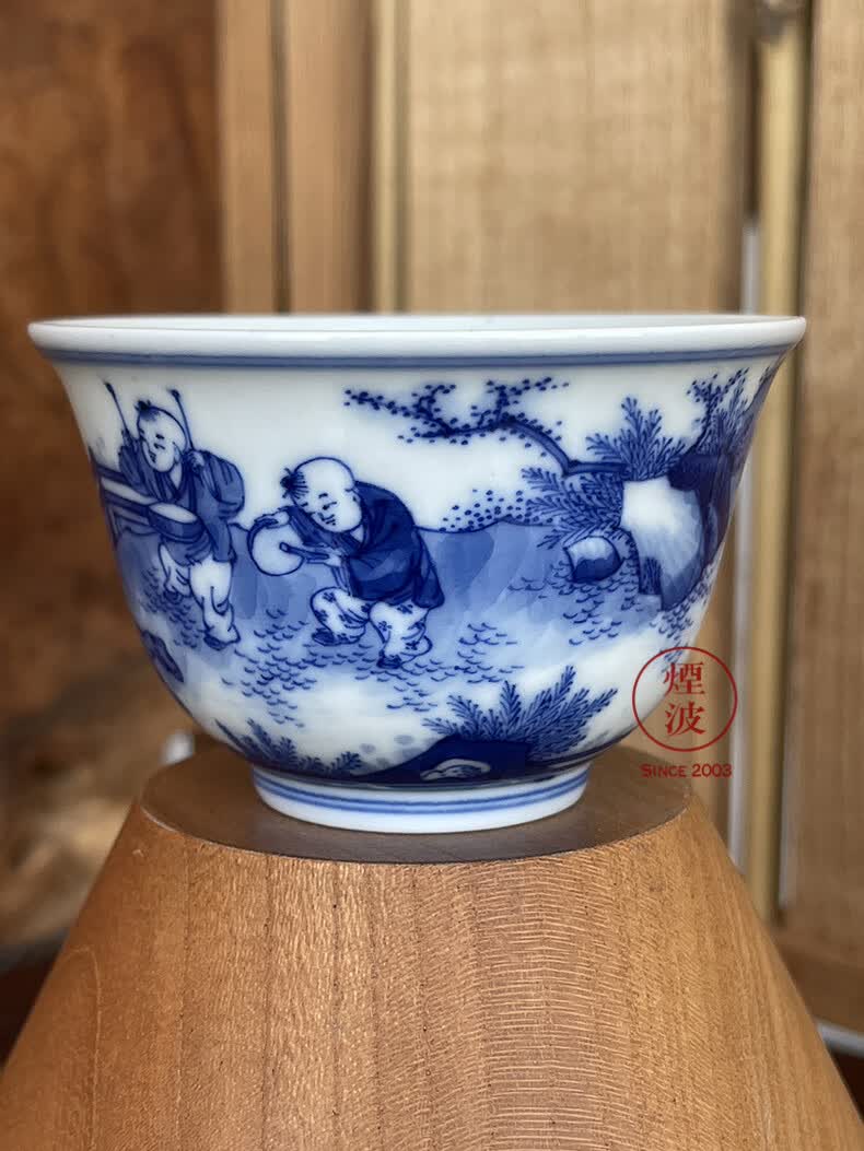 景德镇小雅 阮定荣造 小雅款 青花 婴戏 五子 舞狮 撇口杯