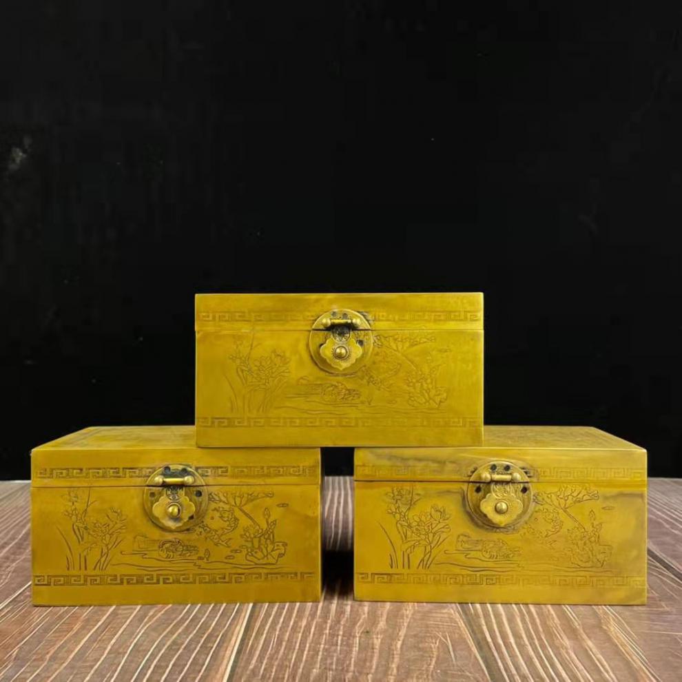仿古纯铜刻画图案方盒首饰盒黄铜长条龙纹图案首饰盒书房装饰品 2款