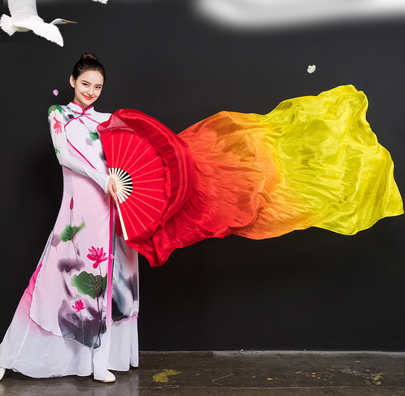 加长舞蹈扇子跳舞扇锦鲤抄渐变稠扇双面成人儿童广场舞扇子红昭愿真丝