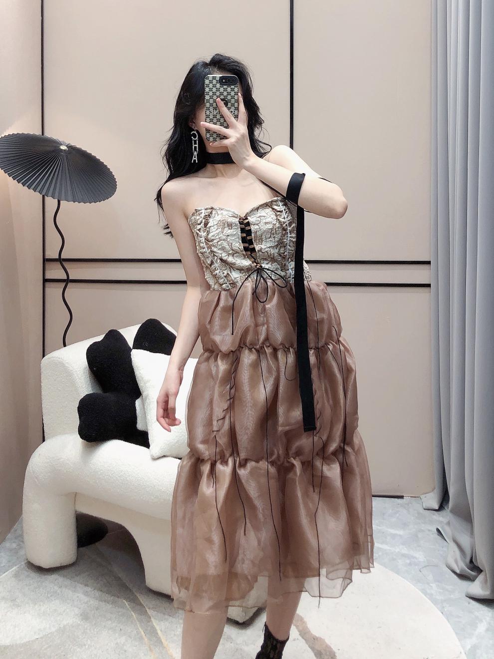 【捡漏特价】枯花抽绳系带裹胸裙露背连衣裙女收腰显瘦夏季露肩沙滩