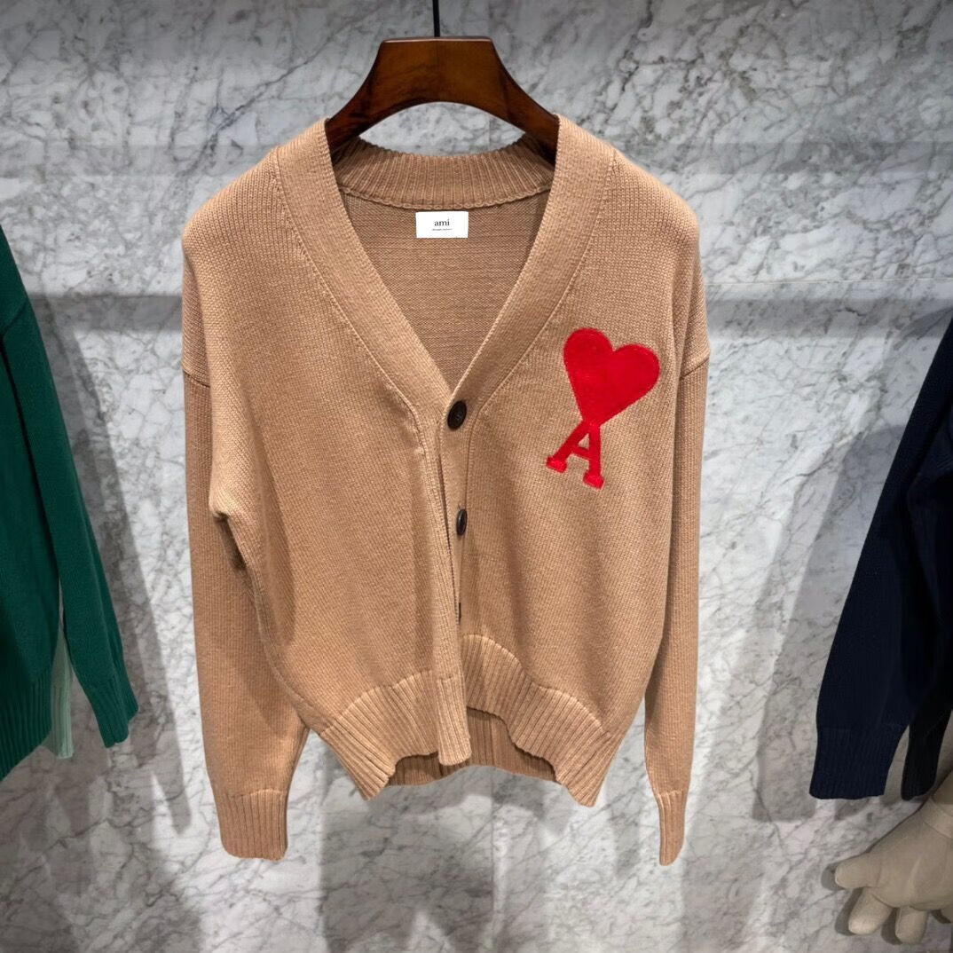 正确版本ami开衫爱心字母桃心a刺绣红心针织衫v领秋冬毛衣 2106深绿色