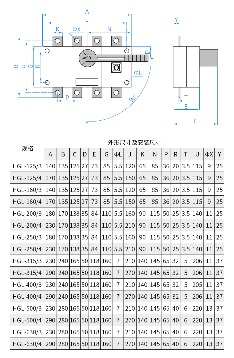 hgl100a125a160a250a400a630a3p4p隔离开关光伏负荷开关手动转400a3p