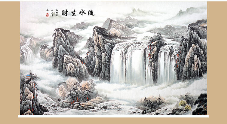 风景山水卷帘水墨山水画卷帘窗帘风景客厅玄关升降隔断手拉遮阳光装饰