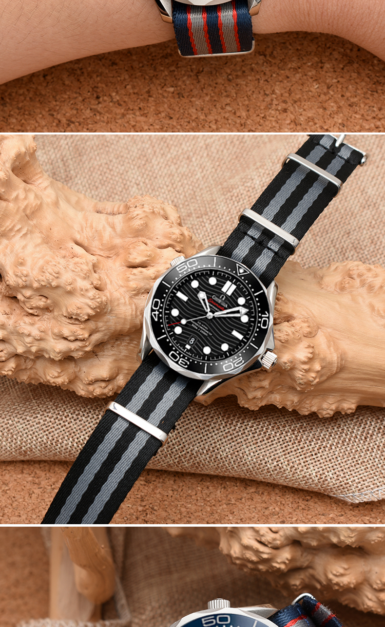 适配欧米茄新海马300蝶飞表带nato北约帆布尼龙带男士配件20mm 黑灰色