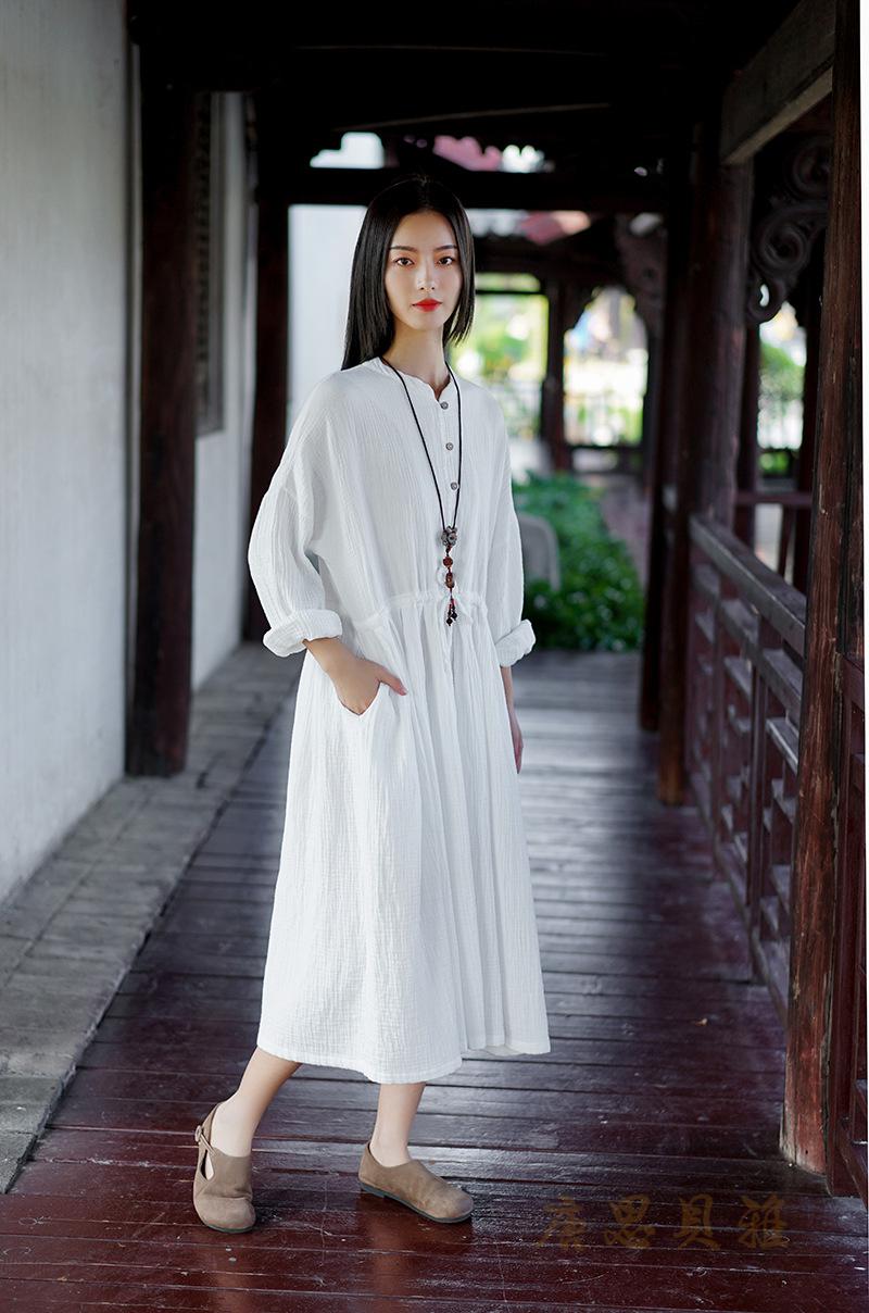 文艺范棉麻春秋款连衣裙2021春秋季新款棉麻女装文艺范双层棉纱系带