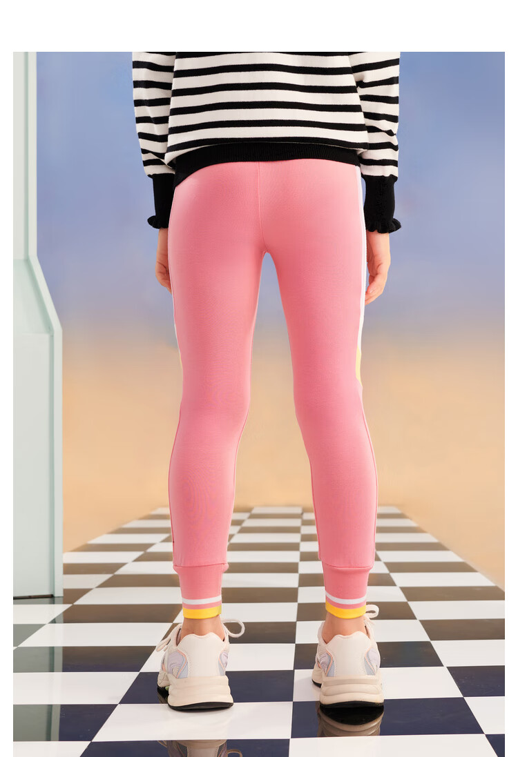 mqd童装女童春秋装打底裤21秋装新款字母拼块撞色条纹运动紧身裤 黑色