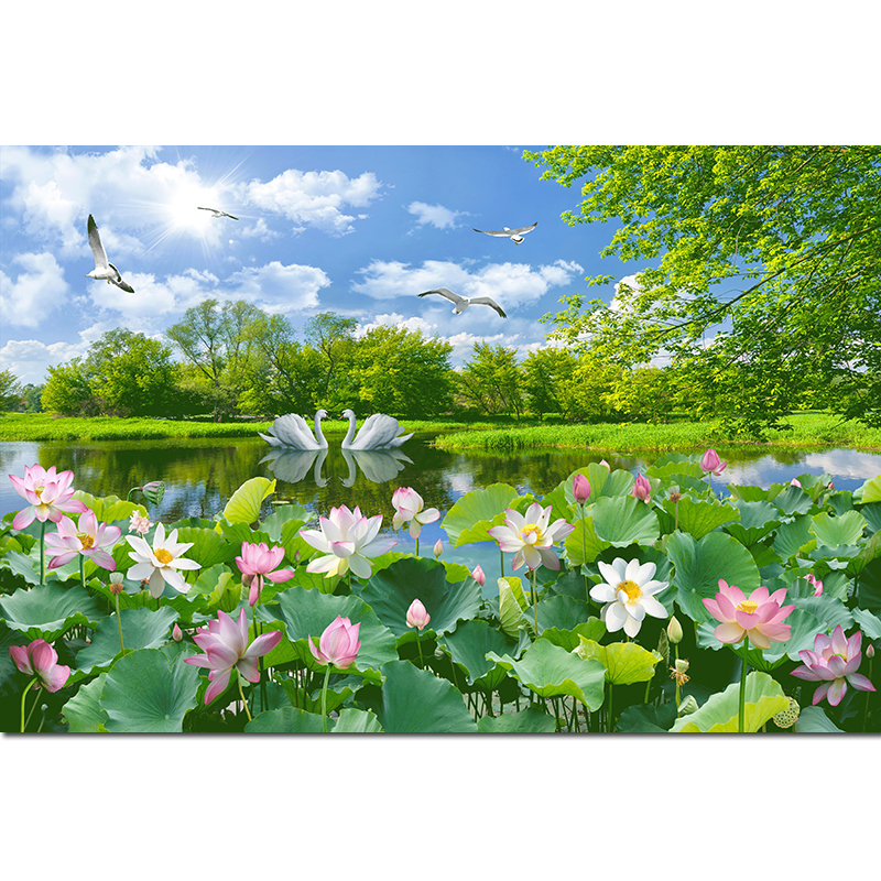 荷花莲花防水山水画田园风景贴画客厅沙发电视佛堂背景装饰画 q127 横