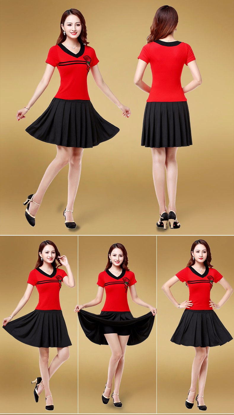 广场舞服装新款套装套裙夏季短袖短裙子跳舞蹈的衣服女运动129318红