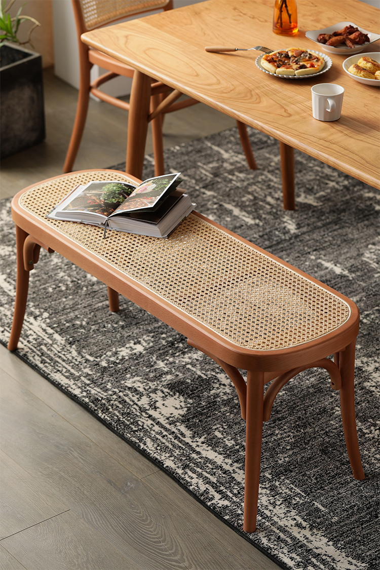 藤妃北欧实木床尾凳现代简约藤编换鞋凳创意民宿客厅长方形餐椅家用