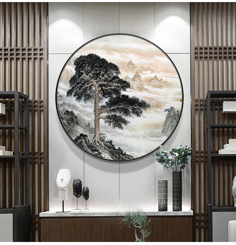 洺帆迎客松圆形装饰画壁画新中式入户玄关装饰画圆形进门画客厅挂画