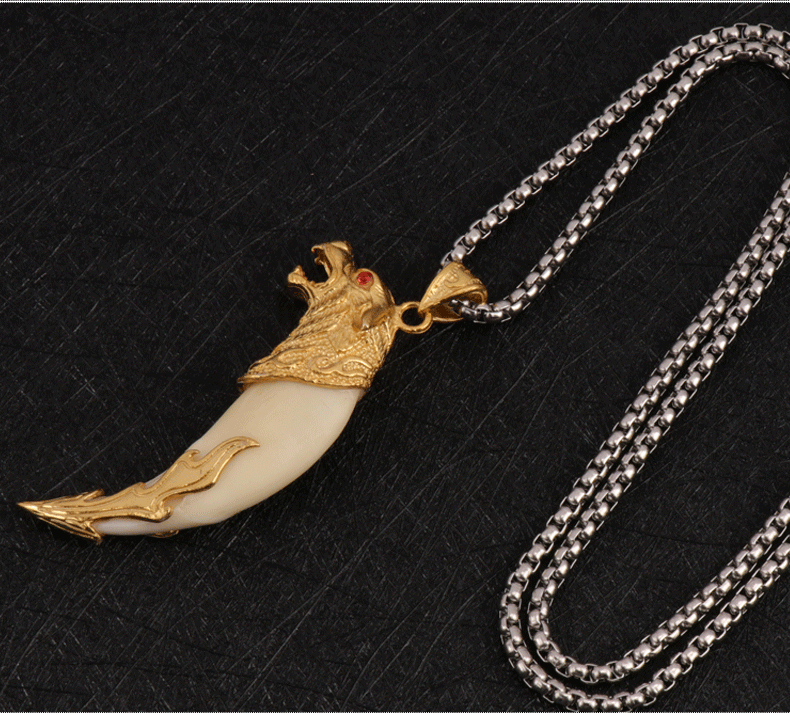 的拼搏精神镀金狼牙形摸金符吊坠狼图腾 镀金藏式镶嵌(bz116)【图片