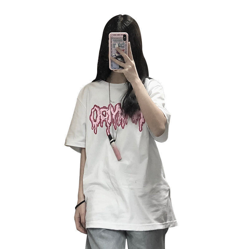 言囡短袖新款夏季潮流t桖女 港风字母短袖t恤女ins潮宽松韩版原宿风