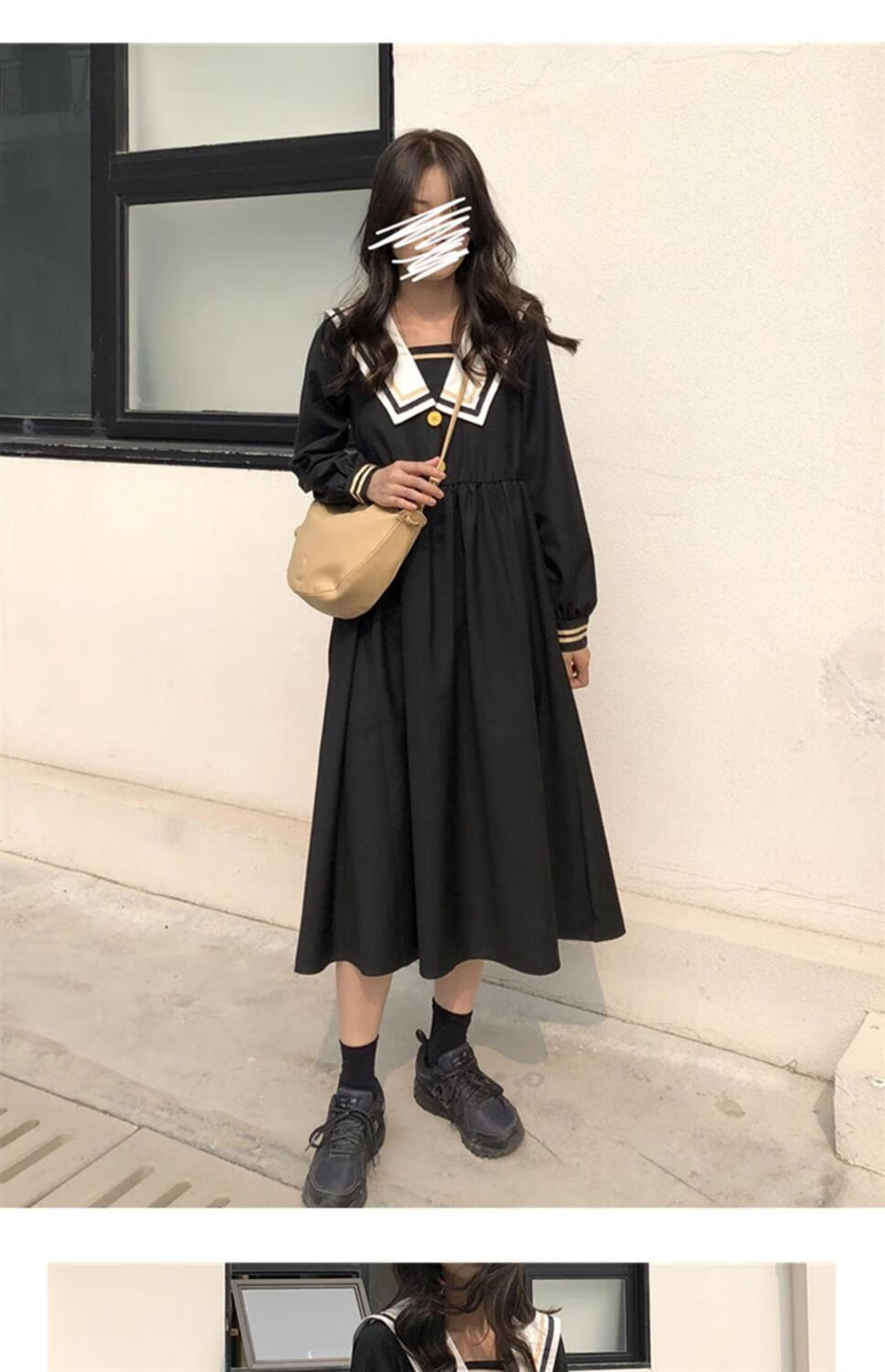 女装新款学院风日系复古黑色海军风连衣裙女学生宽松长袖韩版显瘦中长