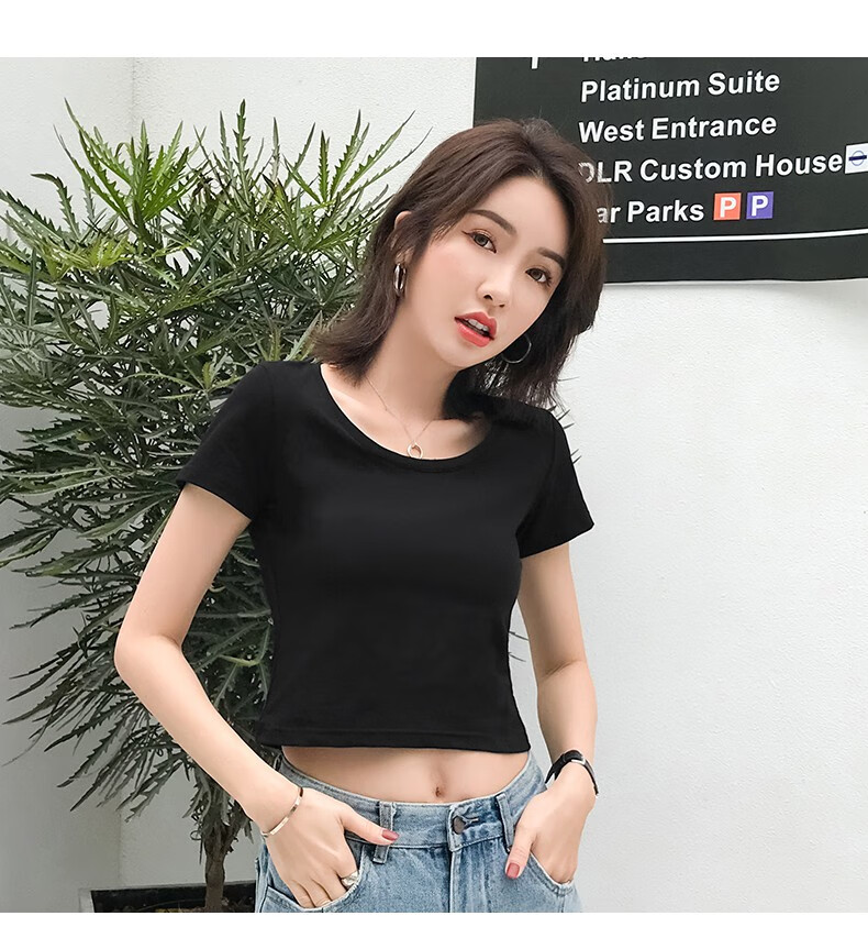 露脐高腰超短款上衣夏天女生露肚子小心机短袖t恤漏肚脐棉质紧身性感