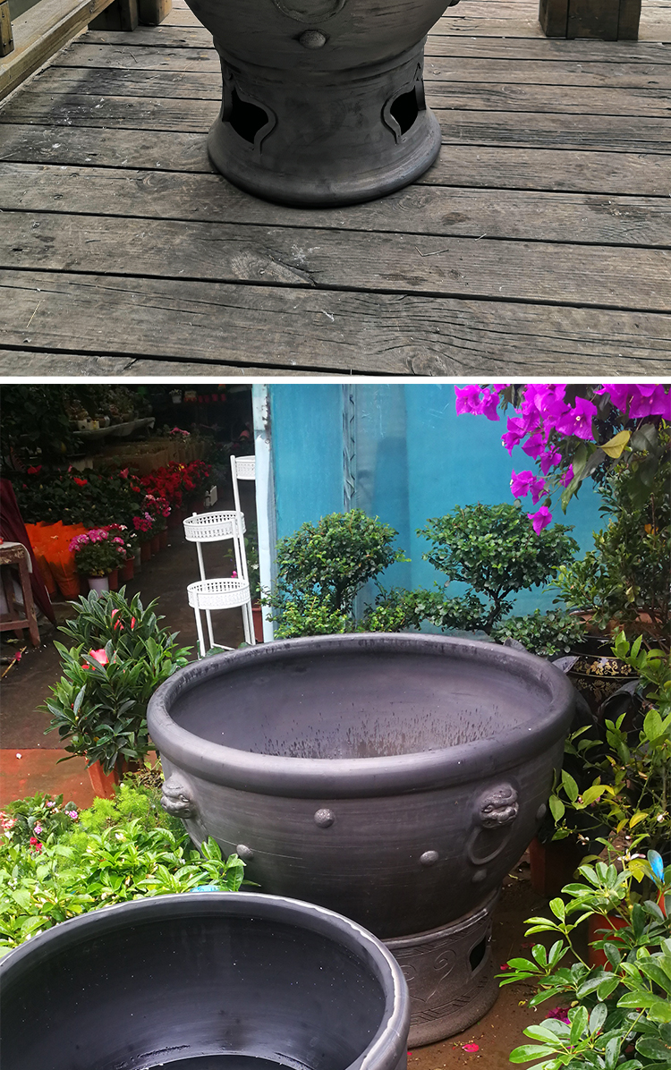 可开票福字缸黑陶金鱼缸古法养鱼百福图泥瓦盆中式落地无釉陶土家用