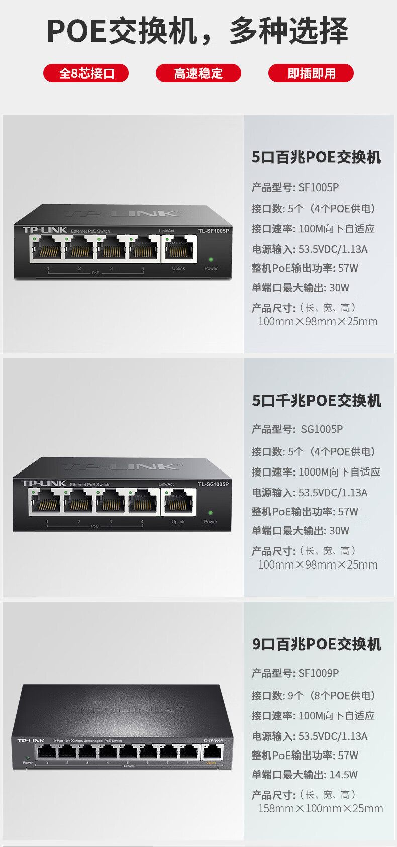 tp-link5口8口16/24千兆百兆標準poe交換機全48v模塊攝像頭無線ap供電