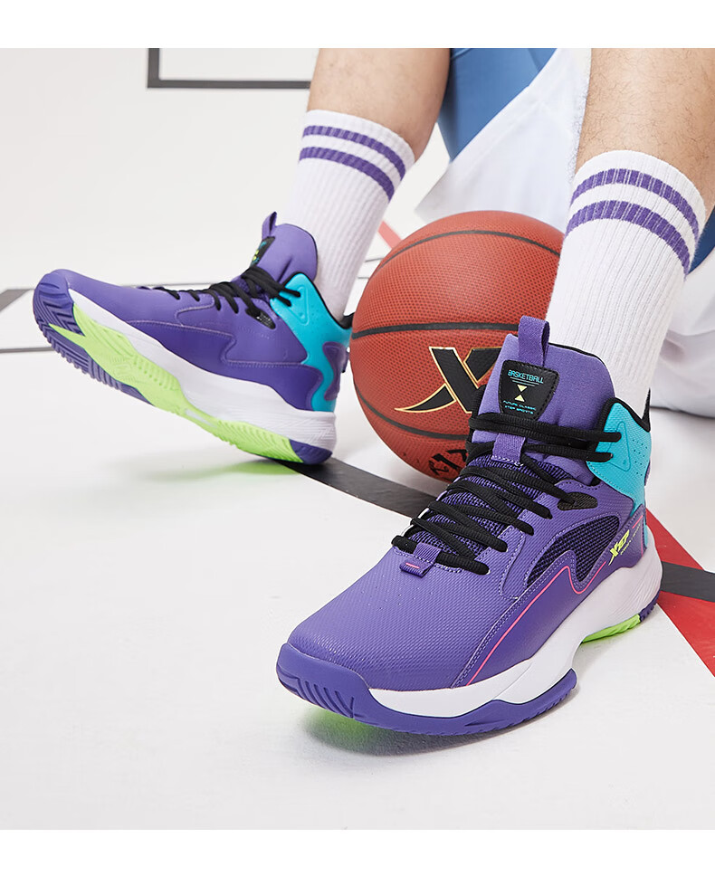 特步男鞋篮球鞋2021年秋季耐磨防滑运动鞋高帮缓震实战篮球鞋紫兰43