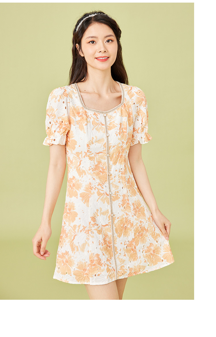 ief爱依服碎花连衣裙2021夏季新款法式方领小清新收腰泡泡袖短裙2324