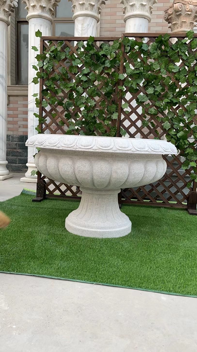 欧式石雕花钵黄锈石花盆别墅户外大理石圆形石头花盆庭院装饰摆件 黄