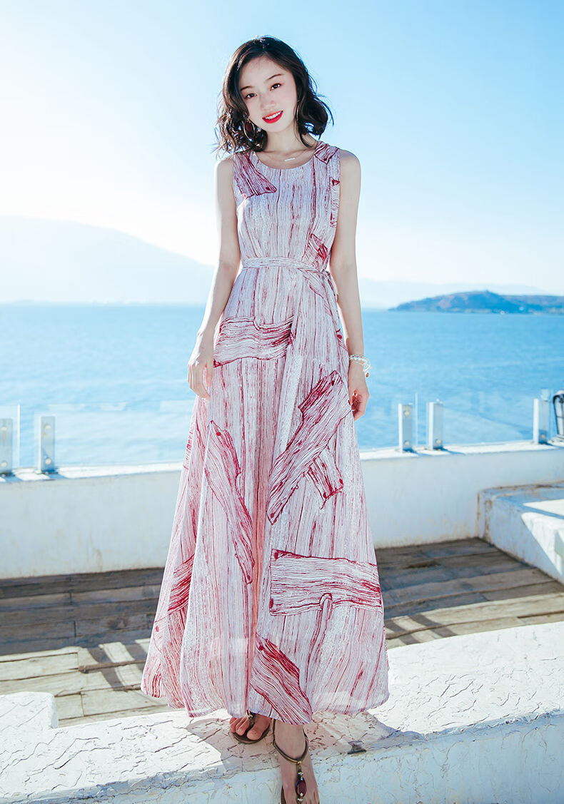 夏季女装裙子无袖雪纺原单连衣裙波西米亚长裙海边度假沙滩裙图片红1