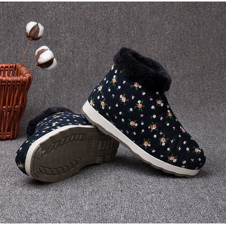 冬季手工棉鞋老人花棉鞋女加厚绒妈妈保暖棉鞋包跟室内防滑棉拖鞋wcx