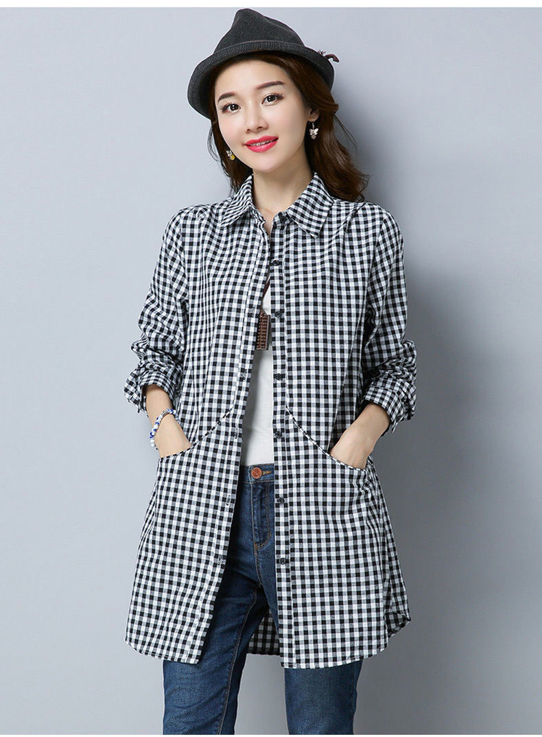 贝格菲2022含棉格子衬衫女长袖中长款韩版宽松休闲衬衣女黑白格xl120