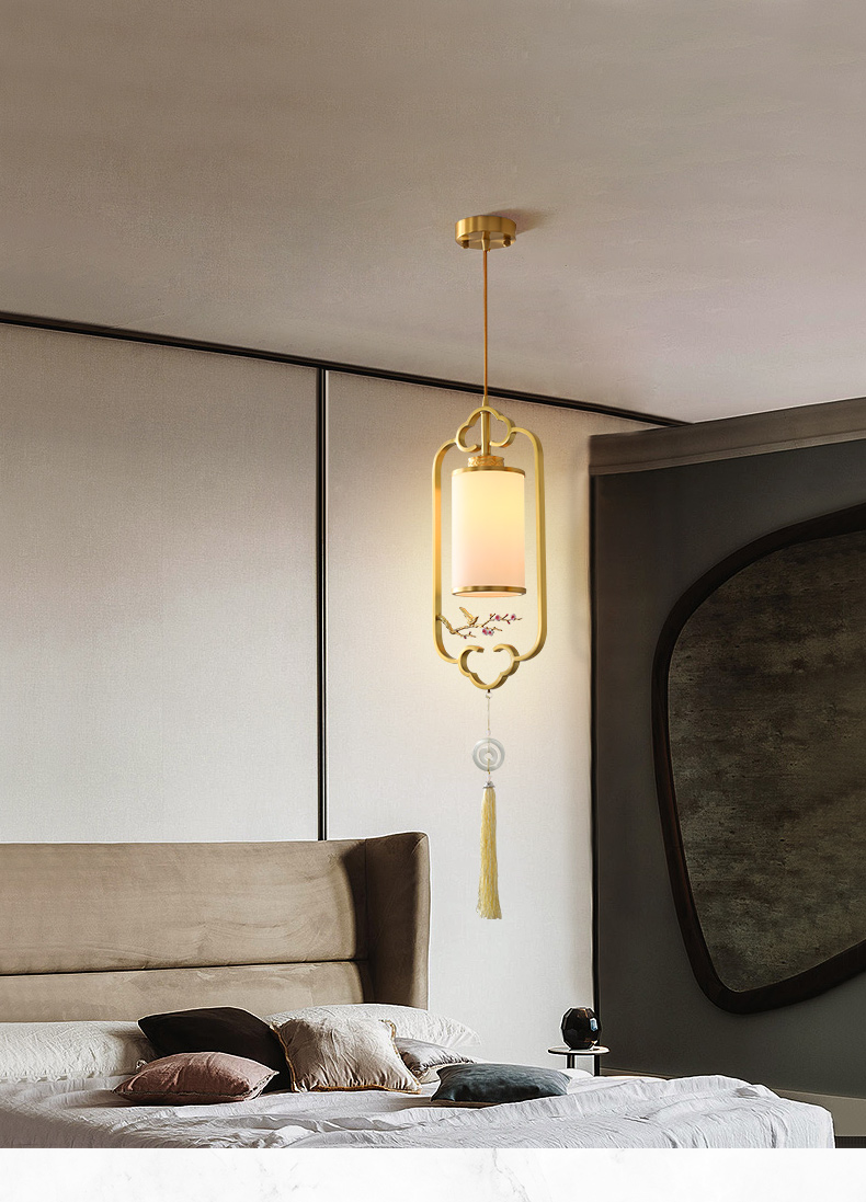 床头吊线灯新中式全铜小吊灯中国风单头玄关过道灯阳台茶室卧室书房