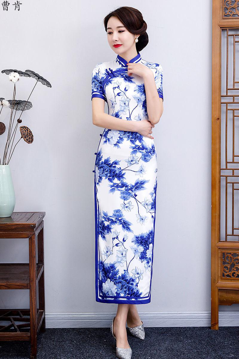 cken2021新款改良礼服复古青花瓷旗袍长款中国风气质高端阔太太连衣裙