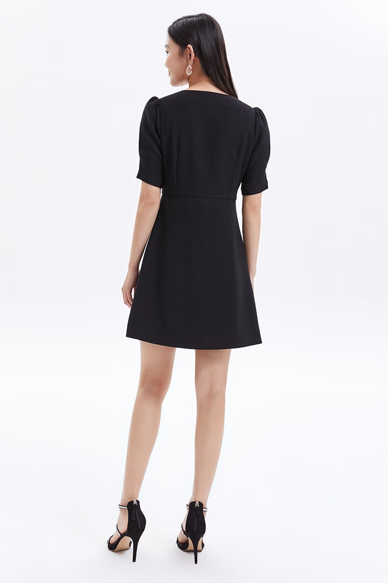 five plus连衣裙女夏泡泡袖复古连衣裙女方领收腰x型裙子 黑色090 s