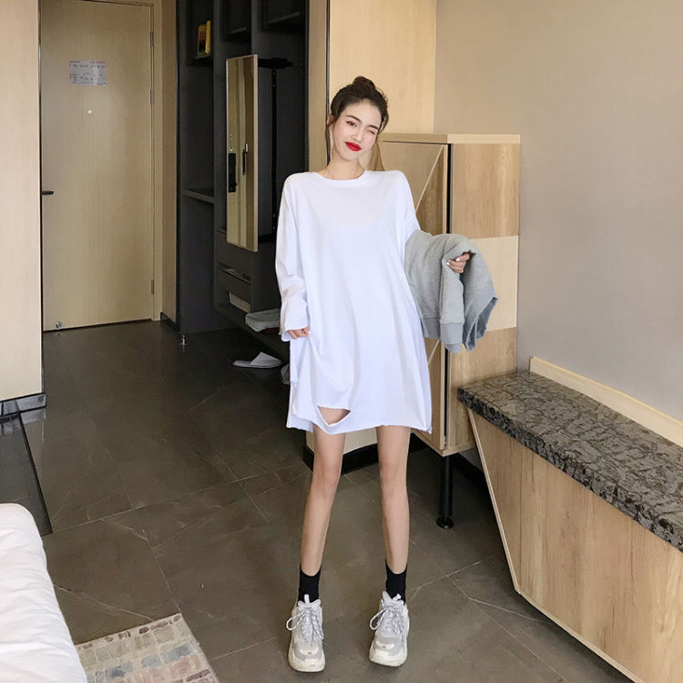 春季韩版破洞长袖白色t恤女宽松长款大码打底衫oversize休闲体恤白色s