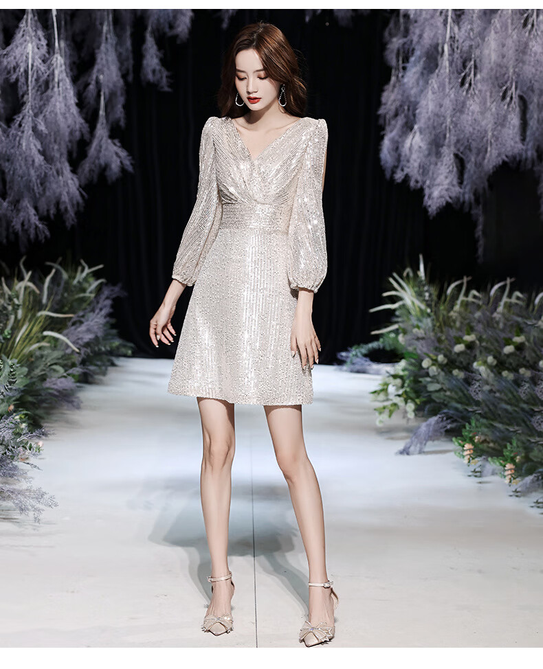 修身小洋装连衣裙法式亮片时尚小晚礼服dzm20204酒红色l适合108斤左右