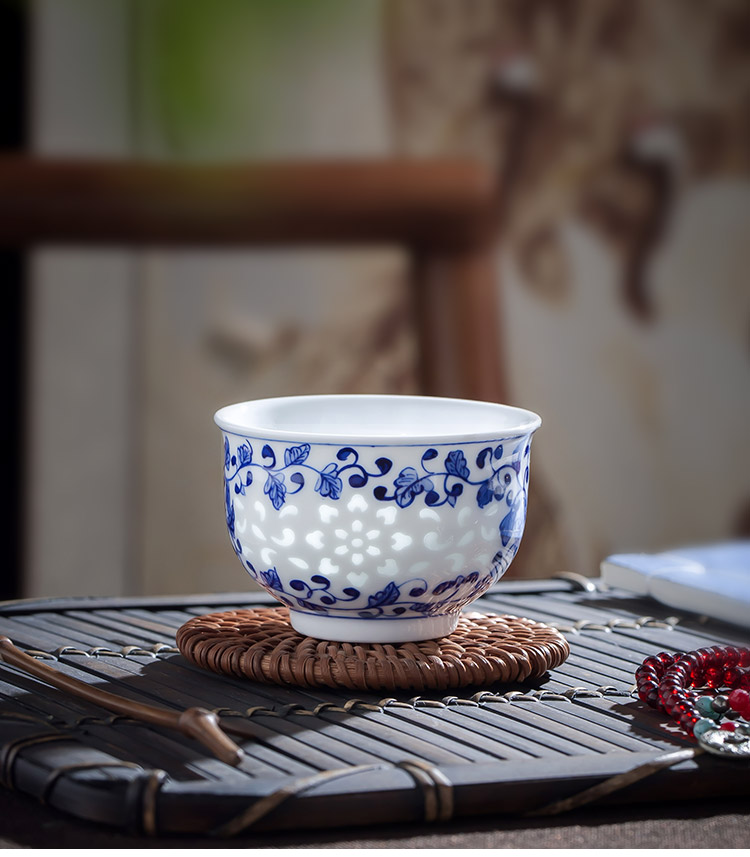 玲珑瓷茶杯景德镇手绘青花玲珑瓷功夫茶杯主人杯单个品茗杯中式陶瓷