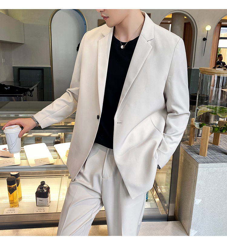 男帅气气质宽松韩版大码西服修身外套男装潮流米白色黑色西装西裤s