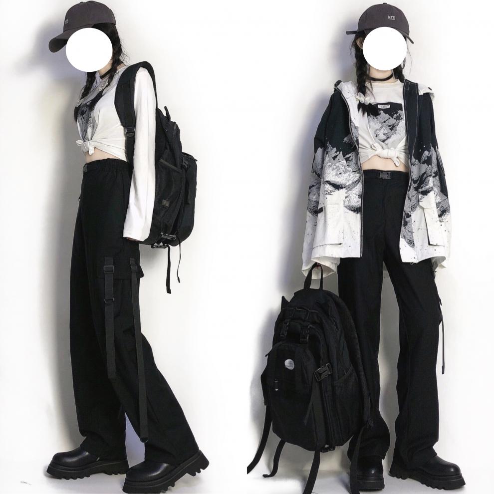 pinksavior雪山满印设计款情侣连帽宽松休闲风衣外套 上黑下白外套(夹