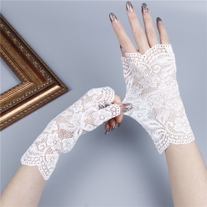 卷丛蕾丝手套露指蕾丝防晒半指手套女夏天遮阳遮疤痕纹身手套开车骑行