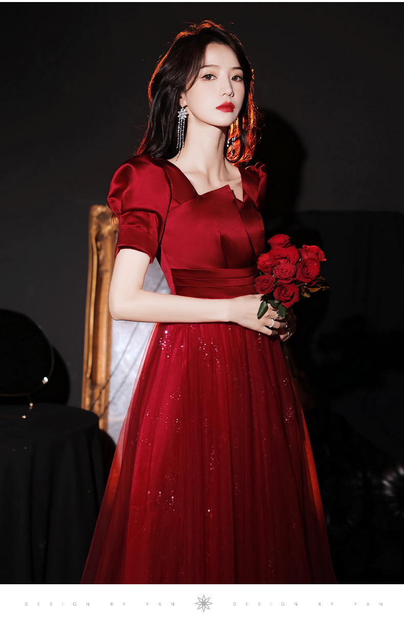 服新娘2022新款结婚夏季红色气质高端仙气订婚晚礼服裙女年会酒红色xs