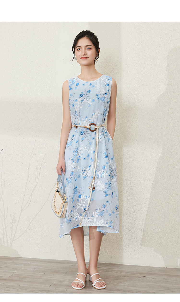 熙然夏装新款时尚飘逸圆领垂感刺绣雪纺碎花印花背心连衣裙女粉蓝花s