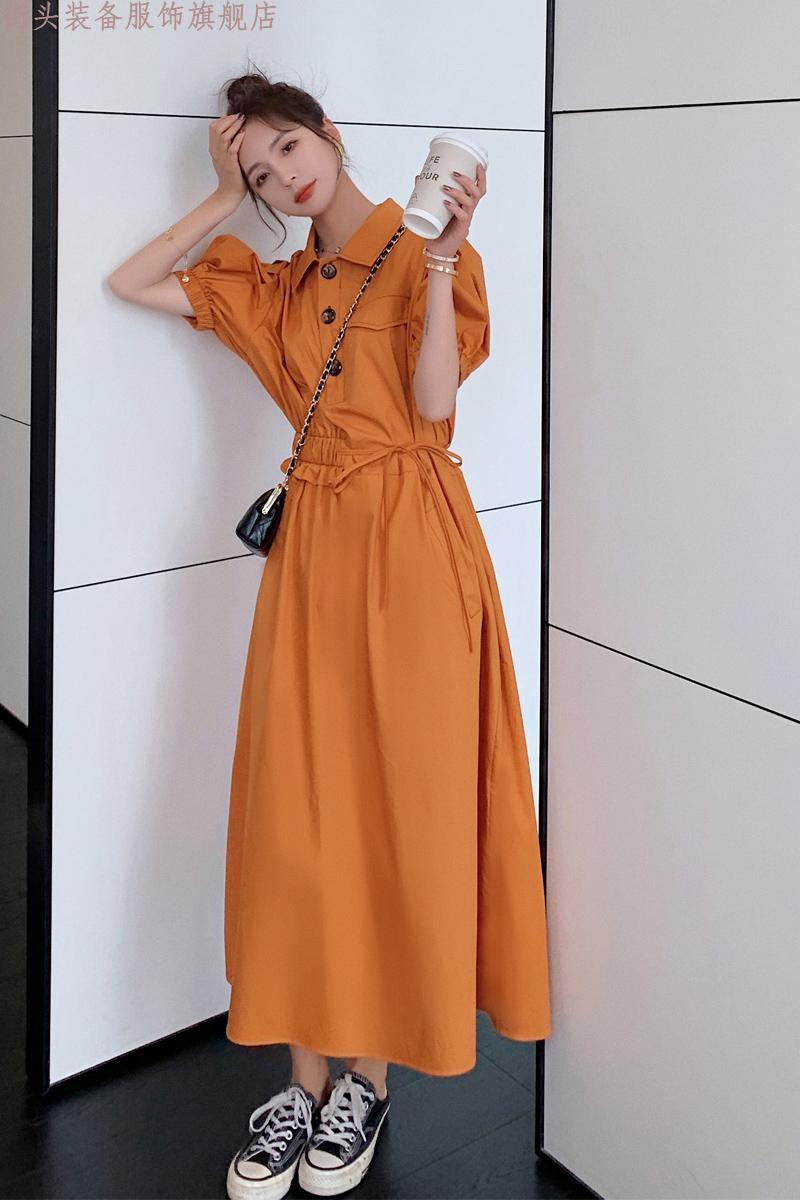 街头装备品牌连衣裙季2021新款韩版仙女超仙法式泡泡袖衬衫长裙 桔色