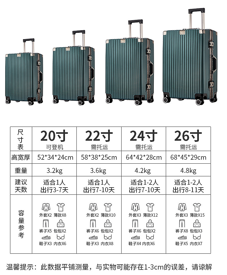 蕴奢 行李箱飞机免托运奇胜鸟学生铝合金行李箱铝框24寸拉杆箱20寸