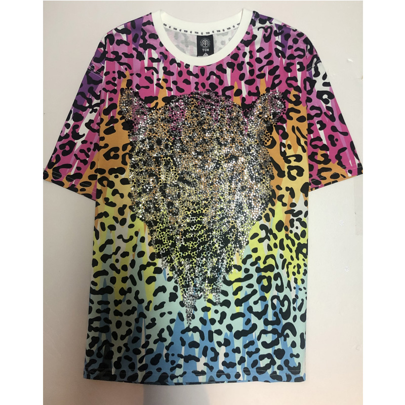tch潮牌豹子头烫钻豹纹短袖t恤男女同款t21110c6093花色xl