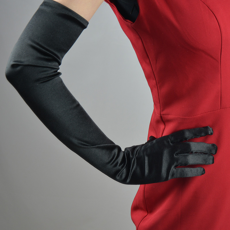 哈昱丝绸白手套礼服短款弹力套真丝光缎面防晒婚纱珠宝店礼仪色丁黑色