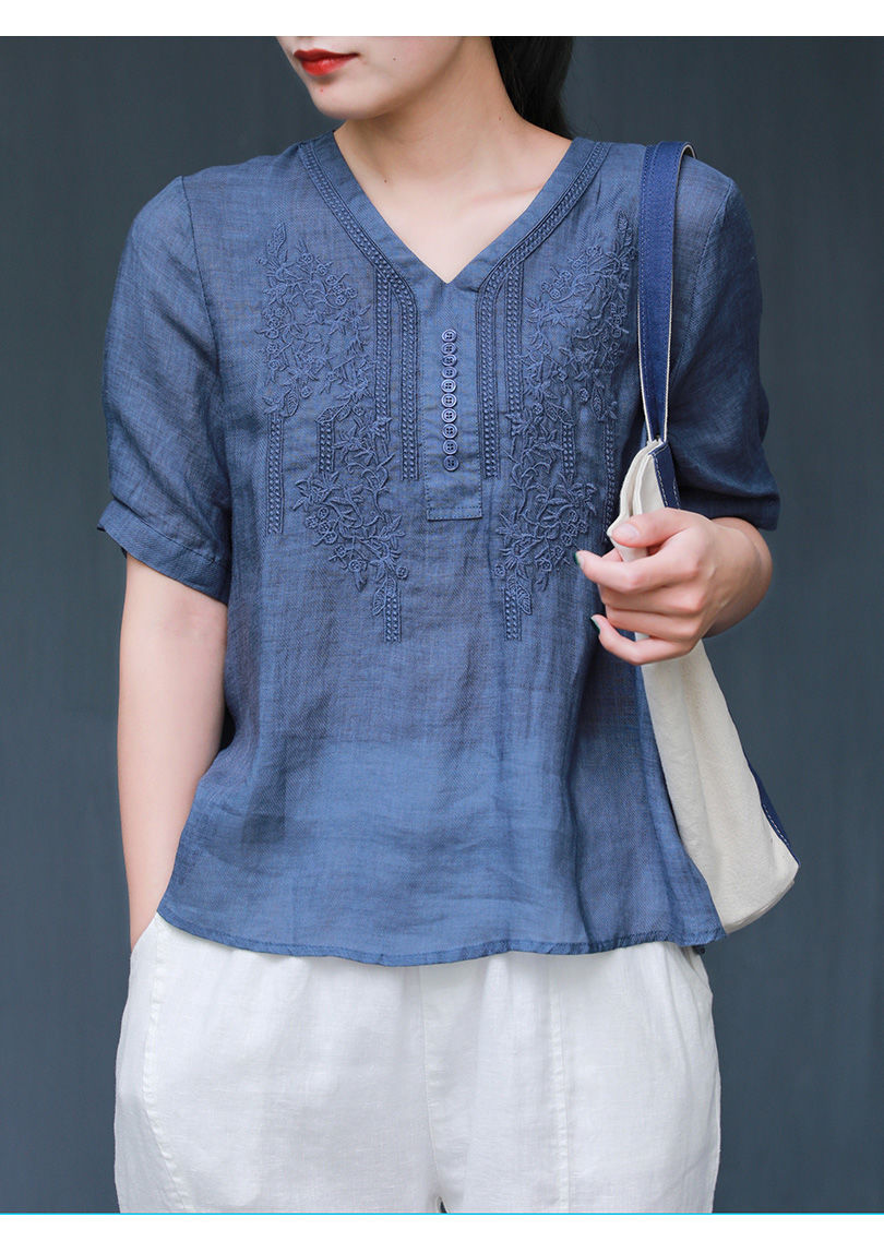 女装新款棉麻上衣2021夏季薄款文艺v领复古刺绣衬衫t恤女宽松套头小衫