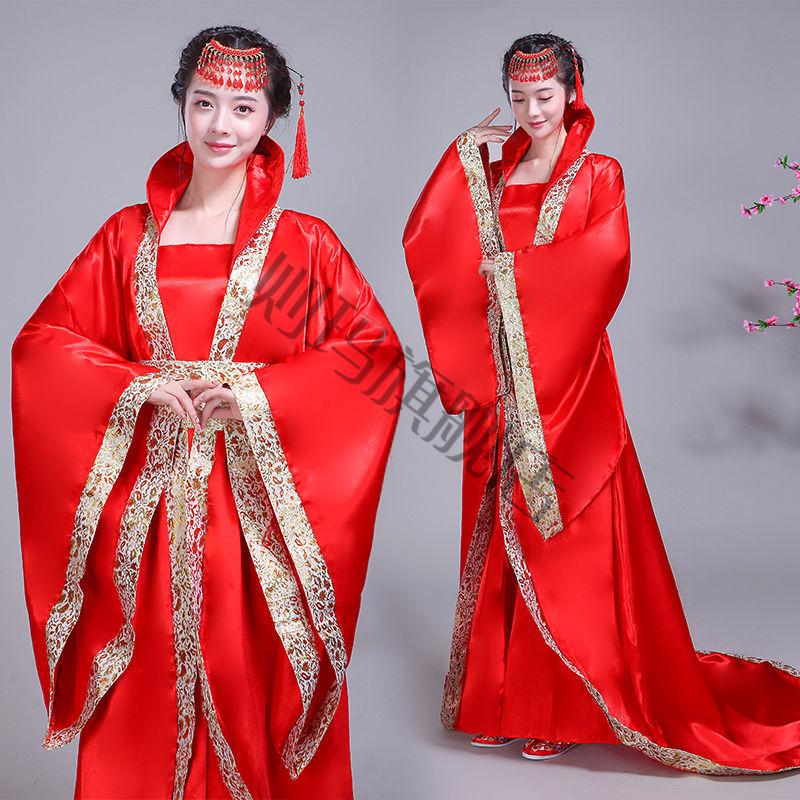 则玛唐朝古装皇后服装女拖尾贵妃武则天七汉服舞台演出服 黄纱仙女