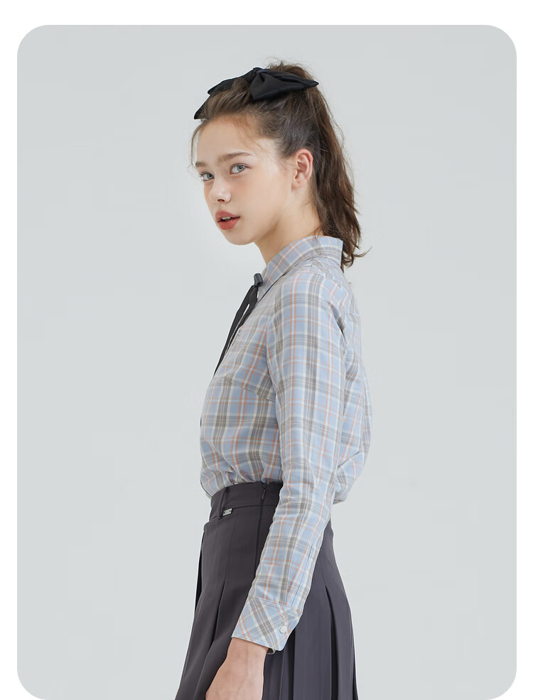eland衣恋2021春季小众复古甜美休闲长袖格子衬衫上衣女依恋蓝色50