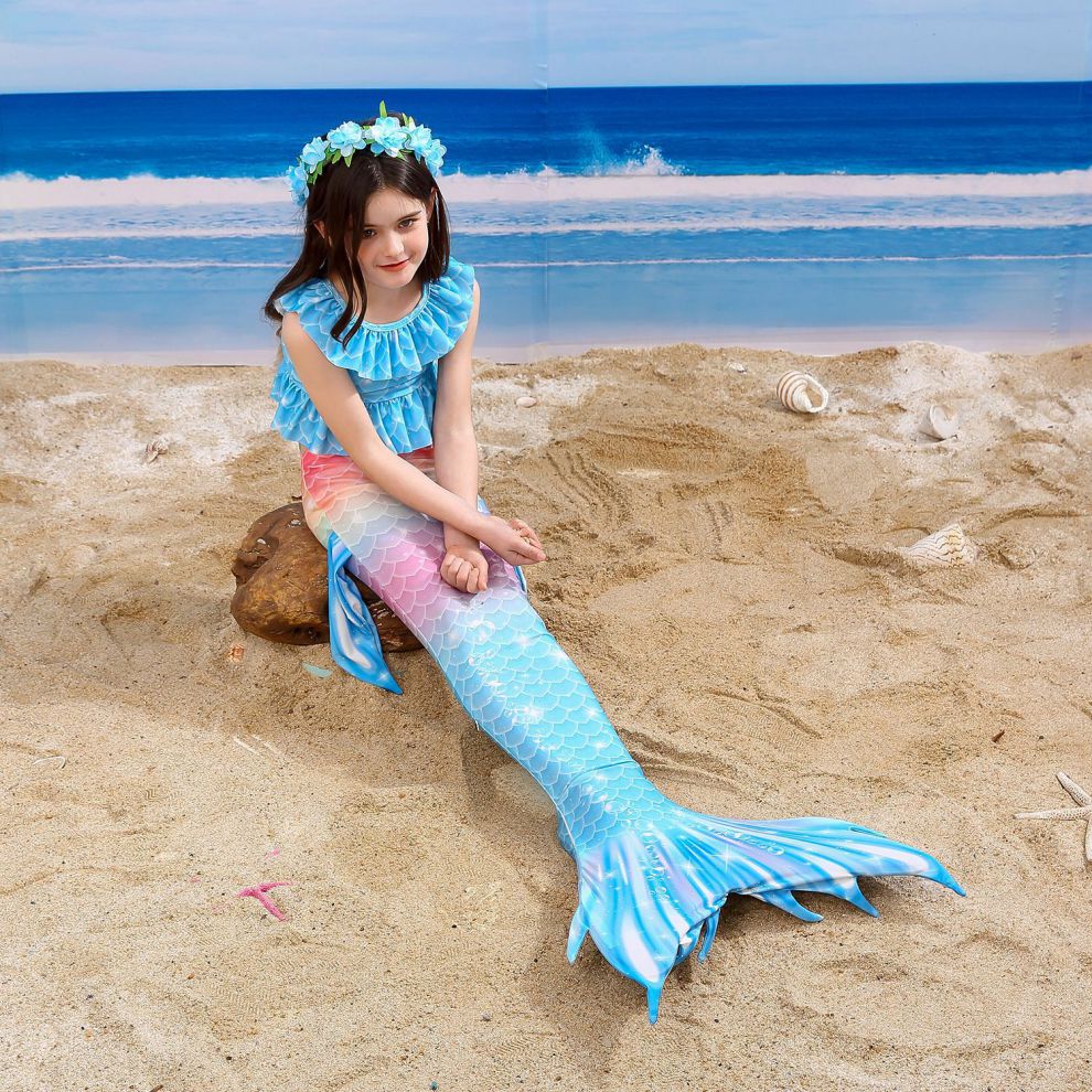 美人鱼尾巴儿女童美人鱼尾巴衣服中大童游泳套装夏儿童泳衣分体人鱼