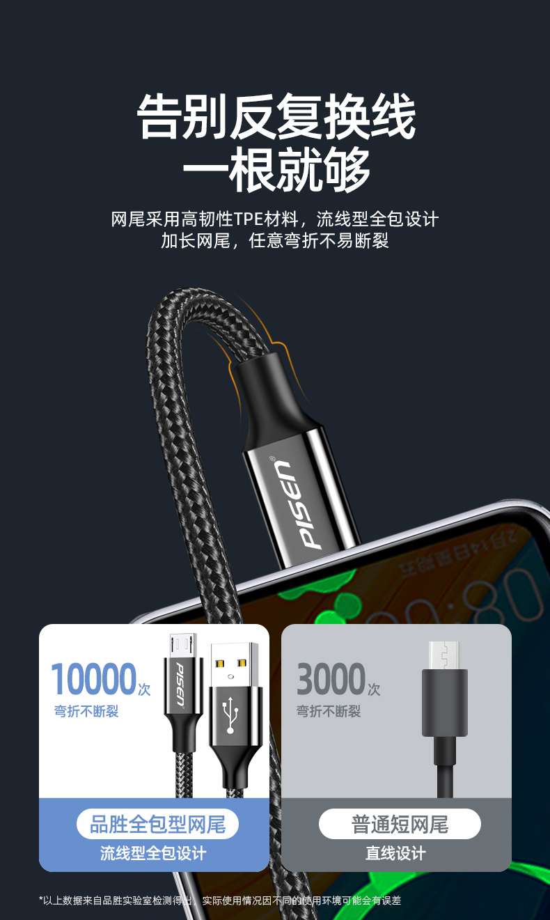 品胜 安卓数据线快充加长蓝牙耳机充电线器闪充micro usb适用于华为