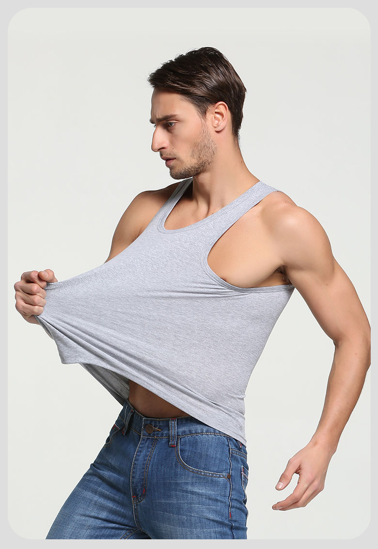 男士背心纯棉修身型青年运动打底汗衫夏季无袖t恤圆领透 白色 白色 两